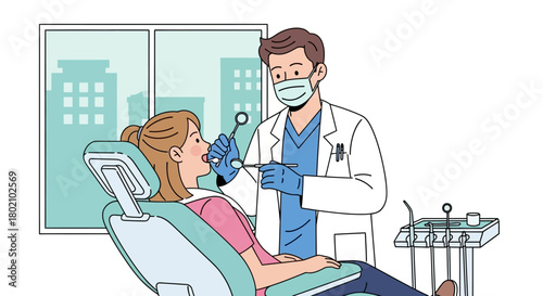 Dentist examining patients teeth in dental chair, using instruments in clinic setting with city view