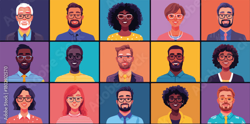 多様な人種と性別を含む専門家チームのビデオ会議画面、カラフルな背景のベクターイラスト