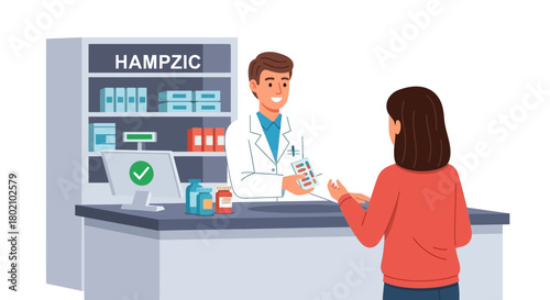 Friendly male pharmacist in coat hands prescription to female customer at the counter pharmacy, with shelves medications in the, depicting healthcare consultation and pharmaceutical service