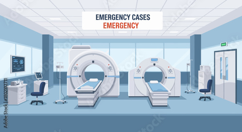 Modern hospital emergency room with advanced medical equipment, including mri scanners, for critical patient care