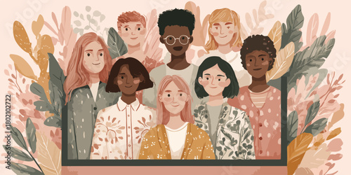 多様な民族と髪型の女性たちが集う、優しく温かい雰囲気のベクターイラストレーション。友情と連帯を表現。