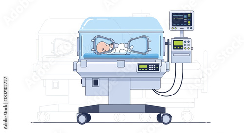 Modern incubator for premature babies, featuring transparent bassinet, monitoring equipment, and newborn infant receiving specialized care in neonatal intensive care unit