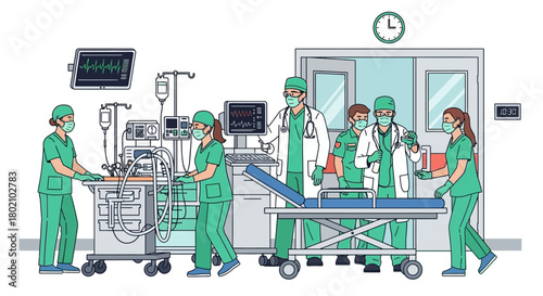 Medical team in hospital emergency room, with doctors and nurses working together around medical equipment, highlighting teamwork and urgent care