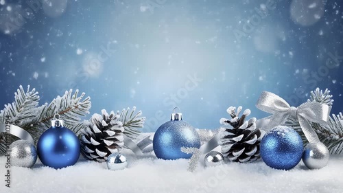 Blue & Silver Christmas Ornaments Snowfall Looping Background 4K