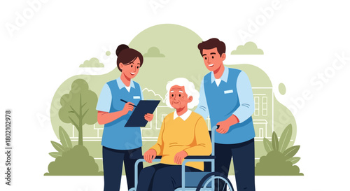 Elderly woman in wheelchair with two caregivers, one taking notes, representing senior care, assisted living, and compassionate healthcare services