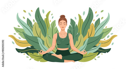 Woman meditating in lotus position surrounded by lush green leaves and yellow foliage, representing peace, wellness, and nature