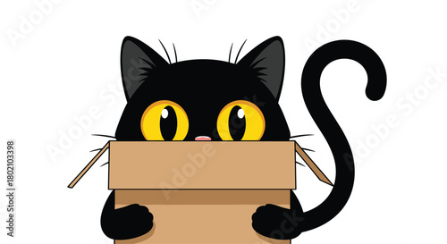 A charming black cat peeks out from inside a cardboard box, its bright yellow eyes gazing curiously at the viewer, creating a playful and endearing scene.