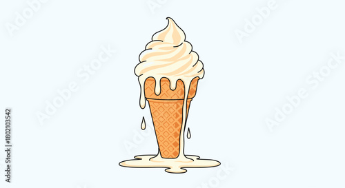 A melting vanilla soft serve ice cream cone with drips running down the side and pooling at the base, presented on a light blue background.