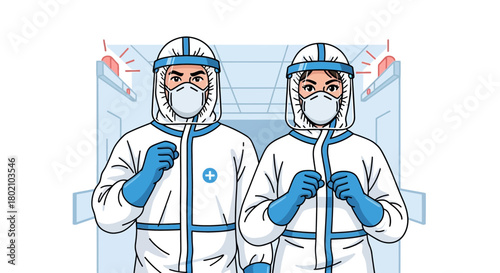 Two medical professionals in full protective hazmat suits, masks, and face shields stand ready, representing healthcare workers on the front lines pandemic or infectious disease outbreak