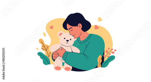 A woman gently embraces a fluffy teddy bear, radiating warmth and affection in a comforting illustration, evoking feelings of nostalgia and childhood innocence.