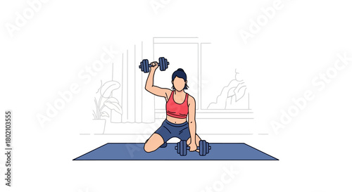 Woman performing dumbbell exercises on yoga mat, representing fitness and strength training at home