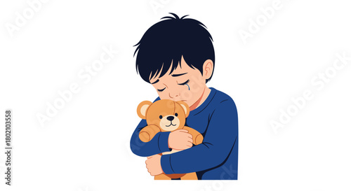 A sad young boy hugs a teddy bear, eyes closed and tears falling, expressing feelings of grief, loneliness, or distress in a heartfelt moment.