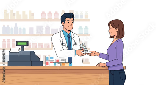 Pharmacist handing medication to customer at pharmacy counter, illustrating healthcare transaction