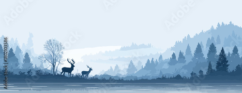青みがかった霧深い森と湖畔に立つ二頭の鹿のシルエットを描いた美しいベクター風景画