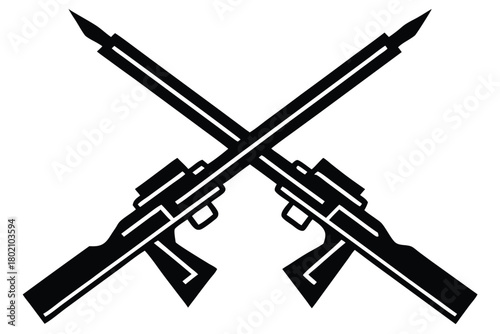 Two black automatic rifles cross in an angular style, isolated with transparency