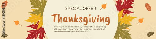 Thanksgiving Offer Banner – Autumn Leaves Frame and Beige Background with Festive Typography for Seasonal Promotions