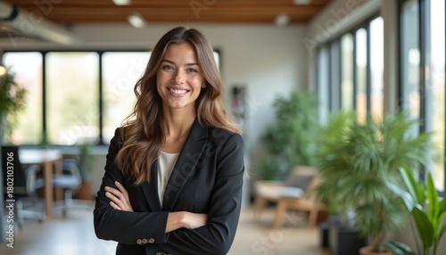 Free Download Smiling businesswoman in a black suit stands with arms crossed in a modern office setting. She is confident and professional, ready for business. The background shows large windows and plants. - GFXLoad