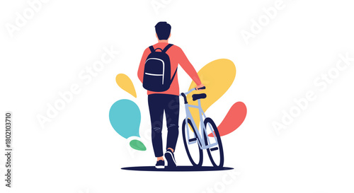 A young man walks with his bicycle, carrying a backpack, suggesting a student lifestyle or a commute focused on sustainable transportation and personal freedom.