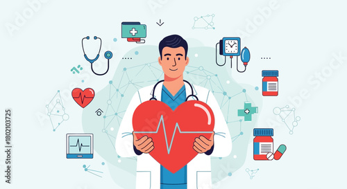 Doctor holding large red heart with heartbeat line, surrounded by medical icons like stethoscope, pills, and ekg monitor, representing healthcare and cardiology