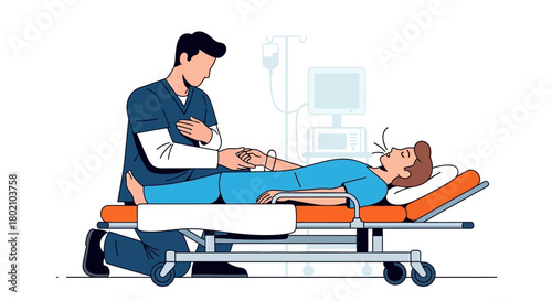 Medical professional attending to patient lying on hospital gurney with monitoring equipment, illustrating patient care and medical treatment in healthcare setting