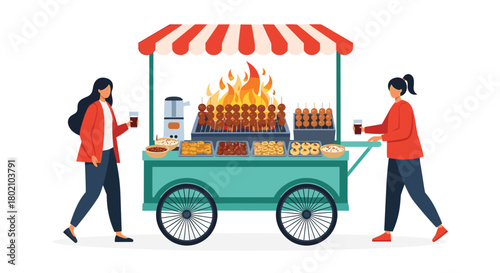 Two women enjoying street food at a vibrant outdoor vendor stall featuring grilled kebabs and various side dishes, creating a lively atmosphere.