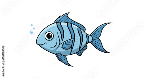 Charming cartoon illustration of a blue fish swimming with bubbles, showcasing a friendly expression and detailed fin markings, perfect for children's media.