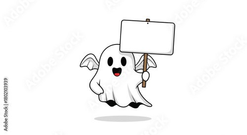 A cheerful cartoon ghost floats while holding a blank white sign, perfect for Halloween announcements or spooky messages.