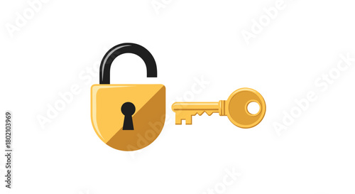 A golden padlock stands open next to a matching golden key, symbolizing security, access, and solutions to problems or mysteries, representing trust.