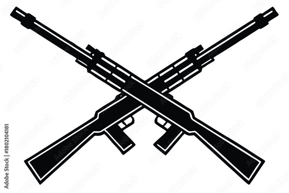 Naklejka premium Two black crossed assault rifles present a stark, bold military symbol on white