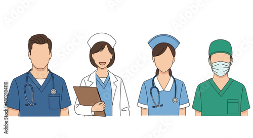 Group diverse medical professionals including doctor, nurse, and surgeon with stethoscopes and clipboard, isolated on