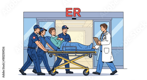 Paramedics carrying patient on stretcher into an er emergency room entrance with doctor waiting