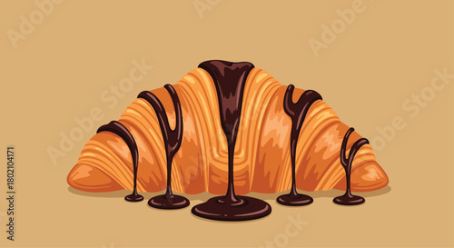 A beautifully illustrated chocolate croissant with rich dark chocolate glaze dripping down its flaky layers, a tempting breakfast treat.