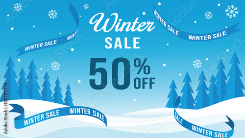 Winter sale banner with 50% off discount offer on a snowy landscape background scene, vector illustration