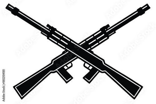 Two black crossed assault rifles present a stark, bold military symbol on white