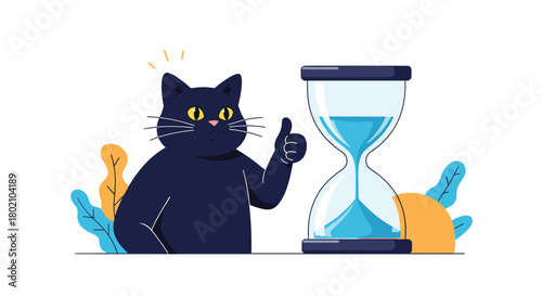 A charming illustration features a dark blue cat giving a thumbs up next to a clear hourglass filled with blue sand, symbolizing patience and good timing.