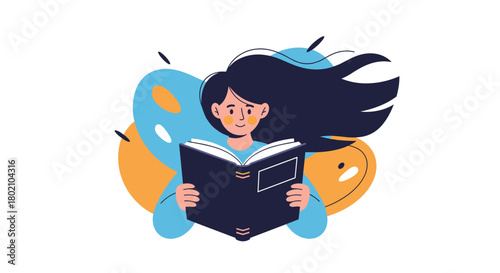 A young woman with long dark hair is engrossed in reading a large open book, enjoying a moment of quiet contemplation and learning.