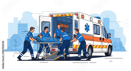 Paramedics in uniform loading patient on stretcher into an ambulance, emergency medical services concept