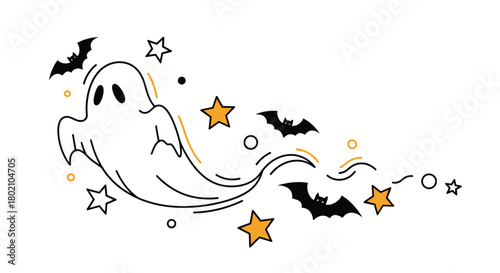 A whimsical illustration of a friendly ghost floating amongst bats, stars, and glowing orbs, perfect for Halloween designs and spooky season celebrations.