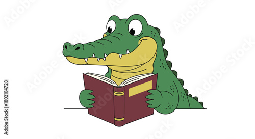 A cheerful cartoon crocodile is engrossed in reading a large, maroon-colored book, showcasing a love for learning and literacy in a playful illustration.