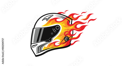 Stylized illustration of a racing helmet engulfed in vibrant flames, conveying speed and intensity, perfect for motorsports themes and designs.