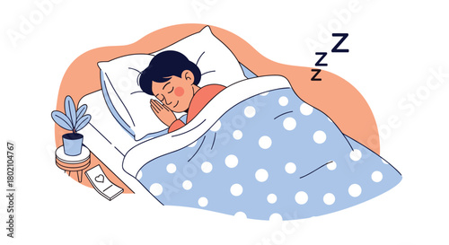 A peaceful person sleeps soundly in bed, covered with a cozy blue polka dot blanket, with a small plant and phone on the nightstand.