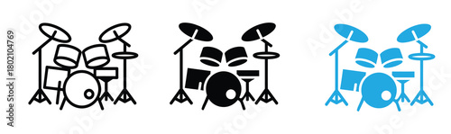 Groovy drum set icons perfect for music posters, band logos, or music lesson promotions featuring line art, silhouette, and vibrant blue options to showcase your musical style