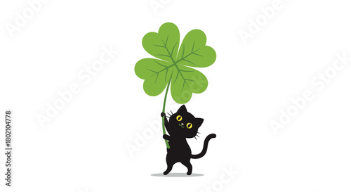 A charming illustration depicts a black cat proudly holding a large, vibrant four-leaf clover, symbolizing good luck and fortune in a whimsical style.