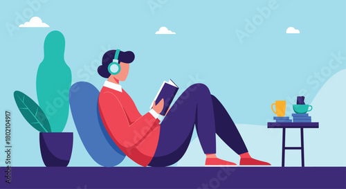 A relaxed person is enjoying a book while lounging in a comfortable chair with headphones on, creating a peaceful and cozy atmosphere.