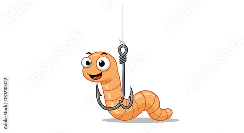 A cheerful cartoon worm is impaled on a silver fishing hook with a white line, illustrating the bait used for angling and a humorous take on the food chain.