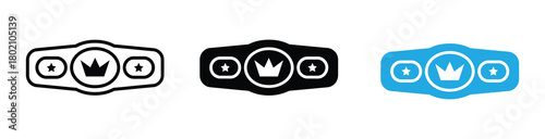 Celebrate victory with this dynamic championship belt icon set in black, white, and blue symbolizing success, achievement, and top level performance perfect for sports branding