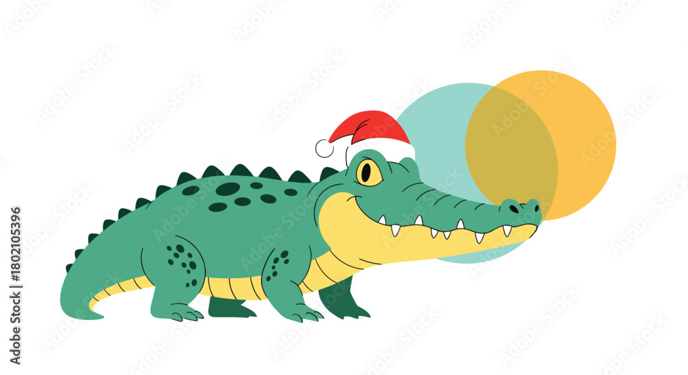 Obraz premium A cheerful cartoon crocodile wearing a Santa hat and looking to the side, set against a colorful abstract background, perfect for holiday illustrations.