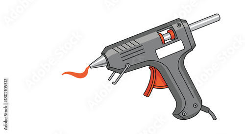 A detailed illustration of a gray hot glue gun with orange accents and a stream of melted adhesive, showcasing a common crafting tool for various projects.