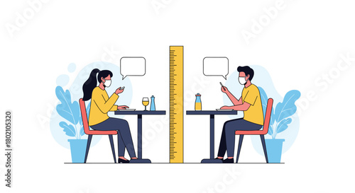 Two people dining at separate tables maintaining social distance while wearing face masks in a restaurant setting.