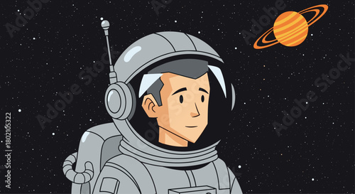 An astronaut gazes out into the vastness of space with a distant planet and its rings visible in the background, representing exploration and wonder.
